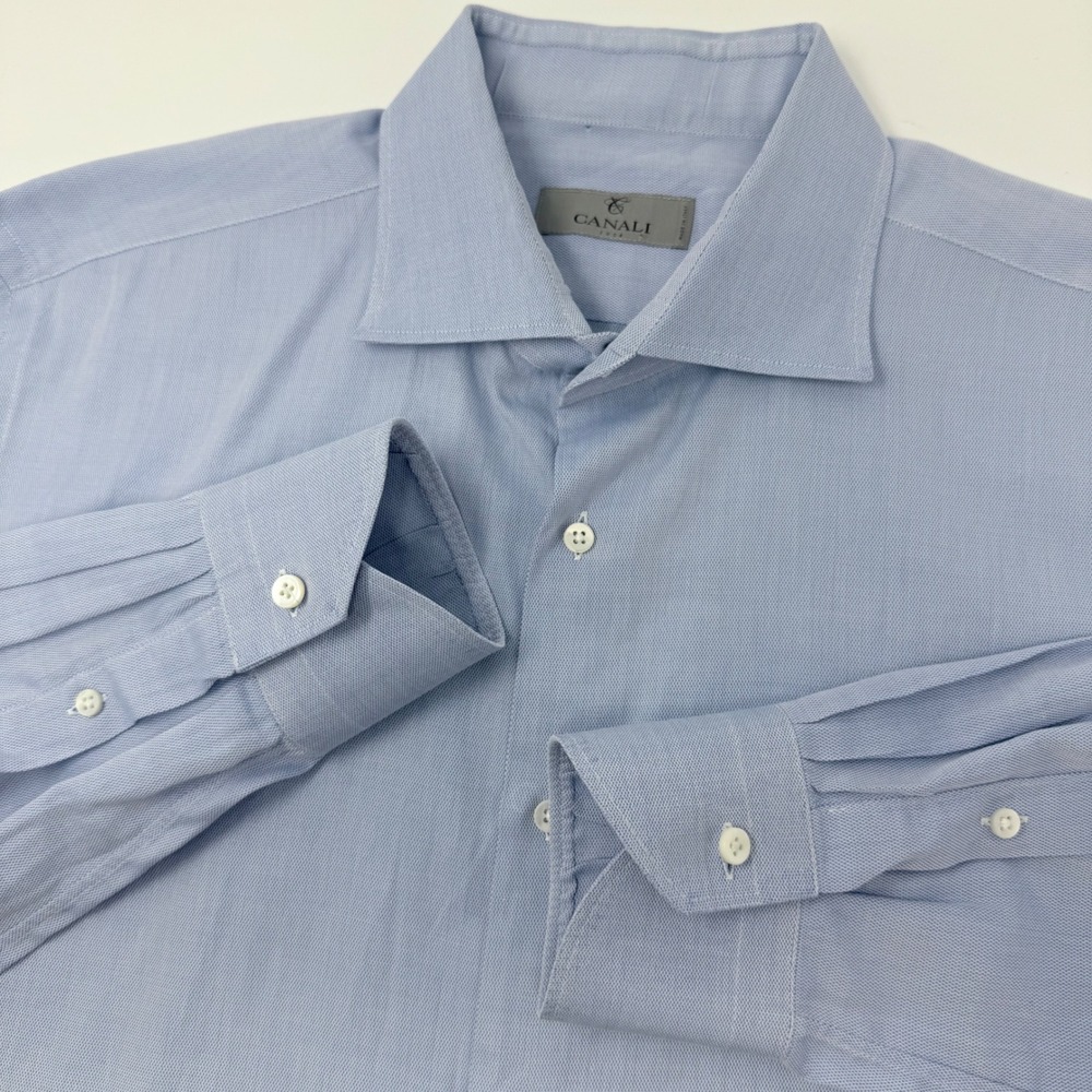 Canali 1934 Mens Size 17.5 44 Light Blue Textured Cotton Dress Shirt Italy